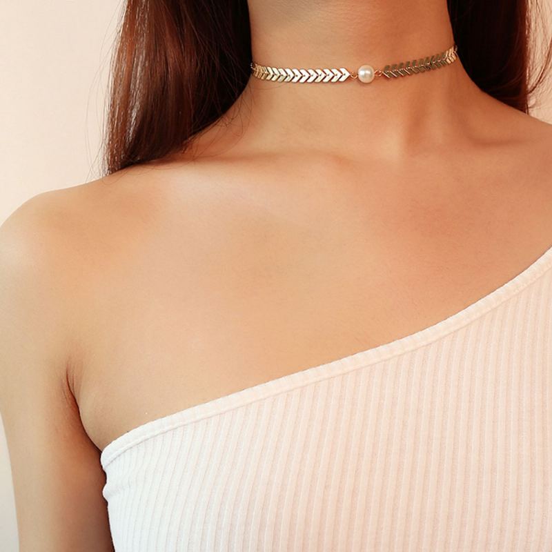 Náhrdelník Fishbone Choker Perlový Řetízkový Řetízek Ležérní Pro Ženy A Dívky