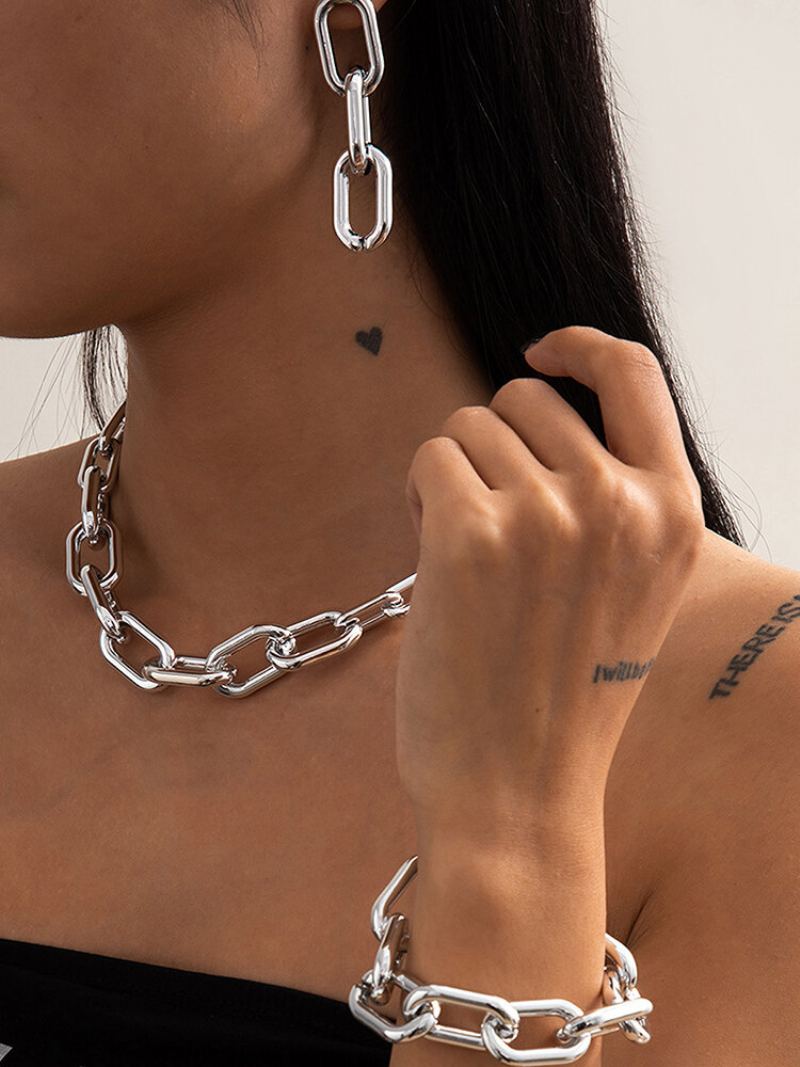 Punk Ccb Thick Chain Střapec Náhrdelník Set Metal Geometric Dutý Náramek