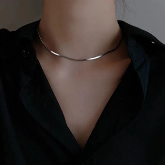 S925 Sterling Silver Náhrdelník S Plochým Řetízkem S Hadí Kostí Korejský Jednoduchý S Krátkým Na Klíční Kost