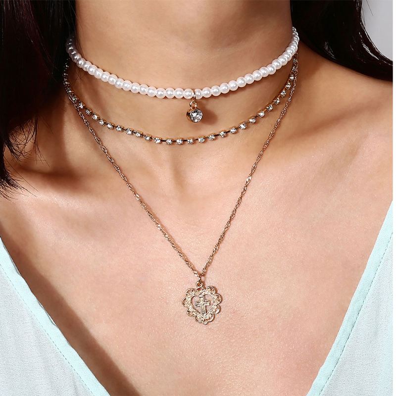 Vícevrstvý Náhrdelník Pearl Choker Blýskající Syntetický Diamantový Perlový Klíček Ve Tvaru Srdce Pro Ženu