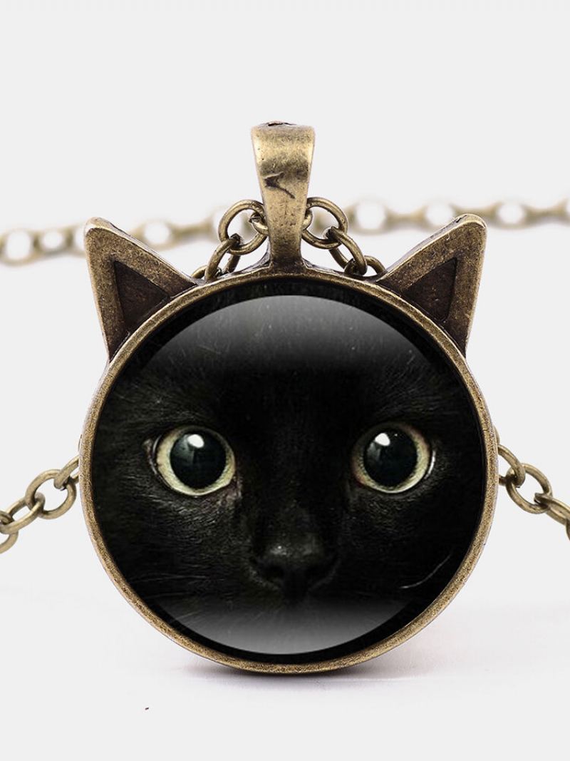 Vintage Black Cat Face Printed Women Náhrdelník Přívěsek Na Svetr Kočičí Ucho