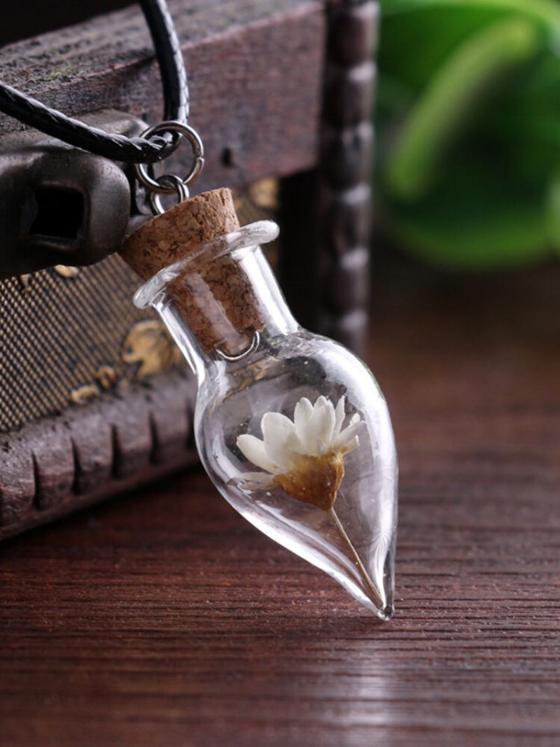 Vintage Diy Sušené Květiny Dámský Náhrdelník Malý Přívěsek Daisy Ve Tvaru Kapky Drift Bottle