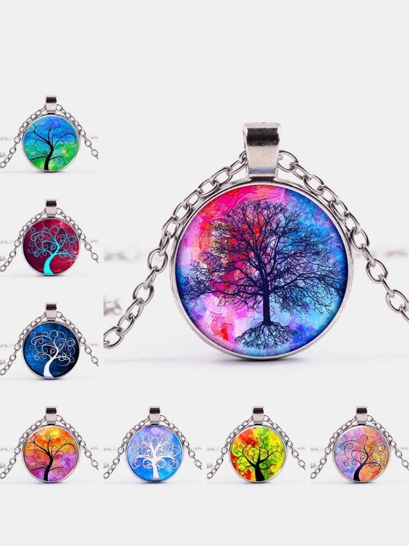 Vintage Gemstone Glass Tištěné Dámské Náhrdelníky Barevné S Přívěskem Tree Of Life