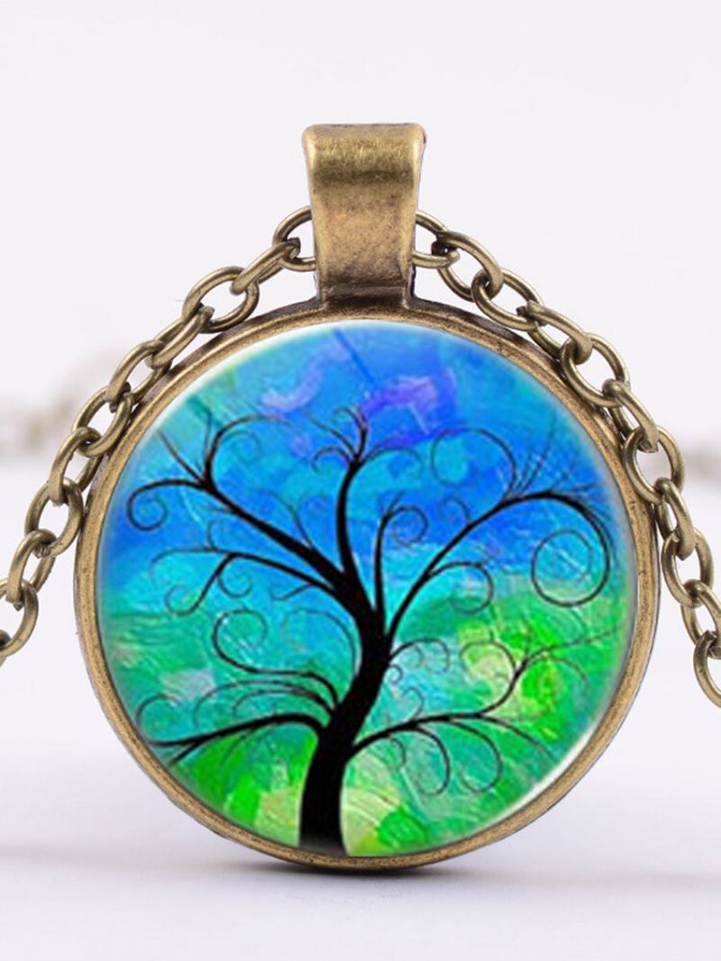 Vintage Gemstone Glass Tištěné Dámské Náhrdelníky Barevné S Přívěskem Tree Of Life