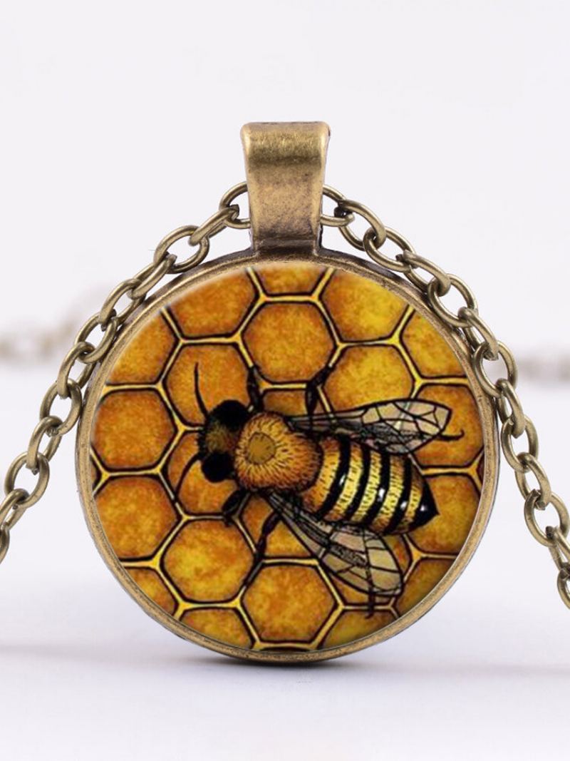 Vintage Honeycomb Bee Women Náhrdelník Ze Slitiny Skla S Potištěným Přívěskem