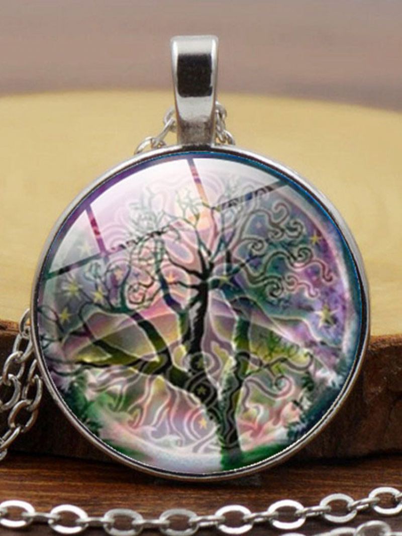 Vintage Kulatý Náhrdelník Ze Slitiny Skla Time Gemstone Life Tree Vzor