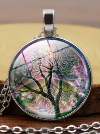 Vintage Kulatý Náhrdelník Ze Slitiny Skla Time Gemstone Life Tree Vzor