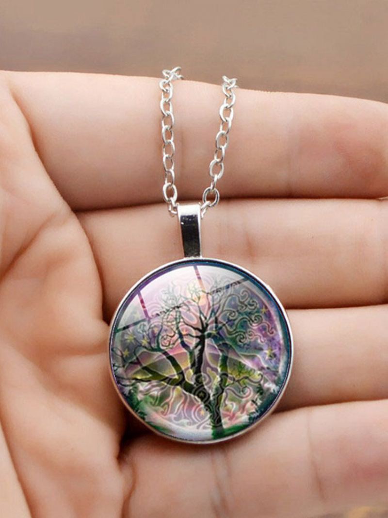 Vintage Kulatý Náhrdelník Ze Slitiny Skla Time Gemstone Life Tree Vzor