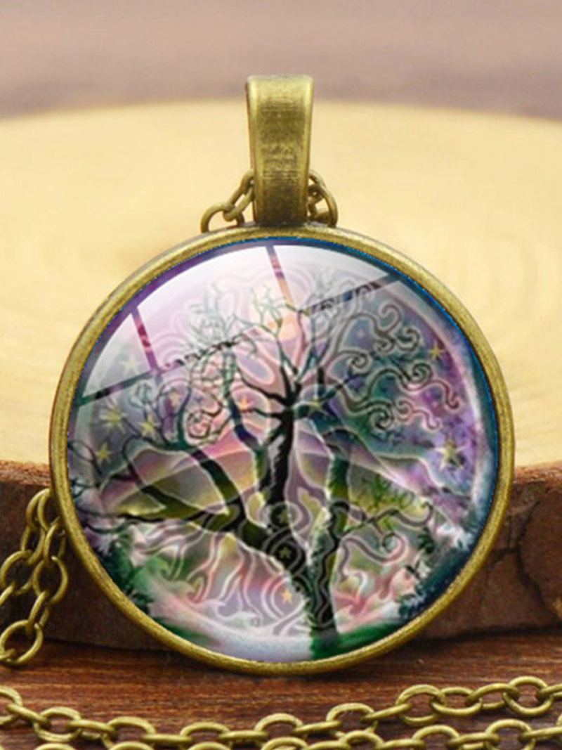 Vintage Kulatý Náhrdelník Ze Slitiny Skla Time Gemstone Life Tree Vzor