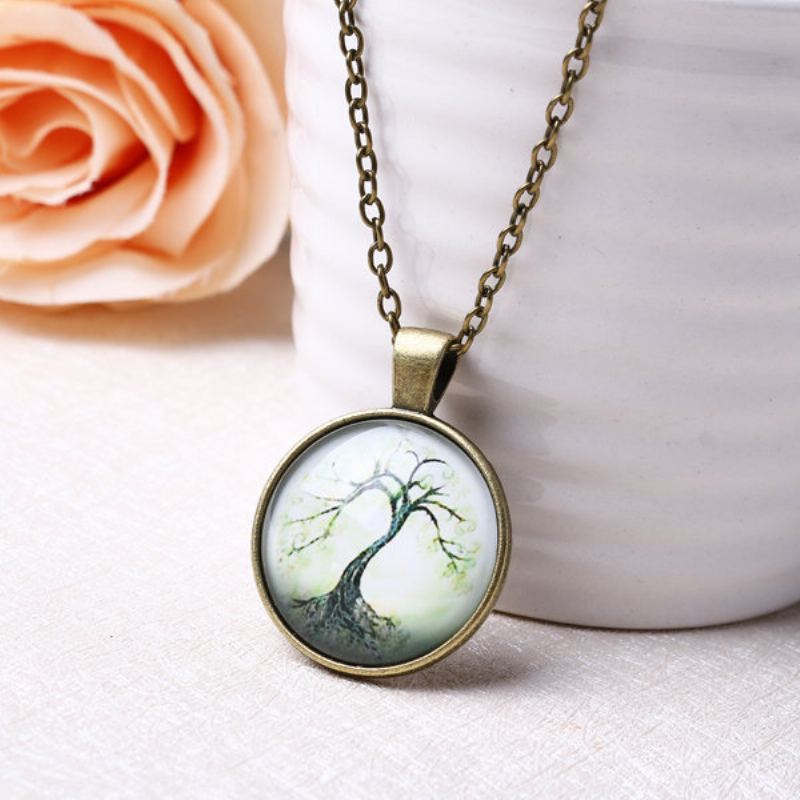 Vintage Tree Of Life Kulaté Skleněné Náhrdelníky Time Gem Charm Pro Ženy