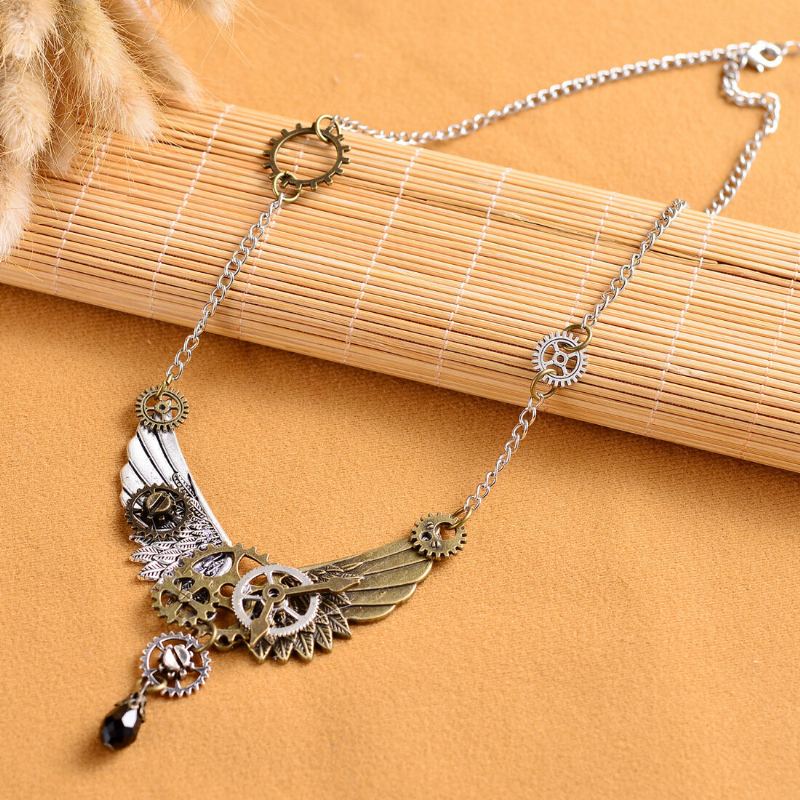 Vintage Unisex Šperky Steampunk Křídla A Gear Náhrdelník Crystal Drop Charm