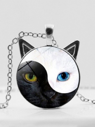 Vintage Yin Yang Cat Face Printed Women Náhrdelník S Přívěskem Cat Ear