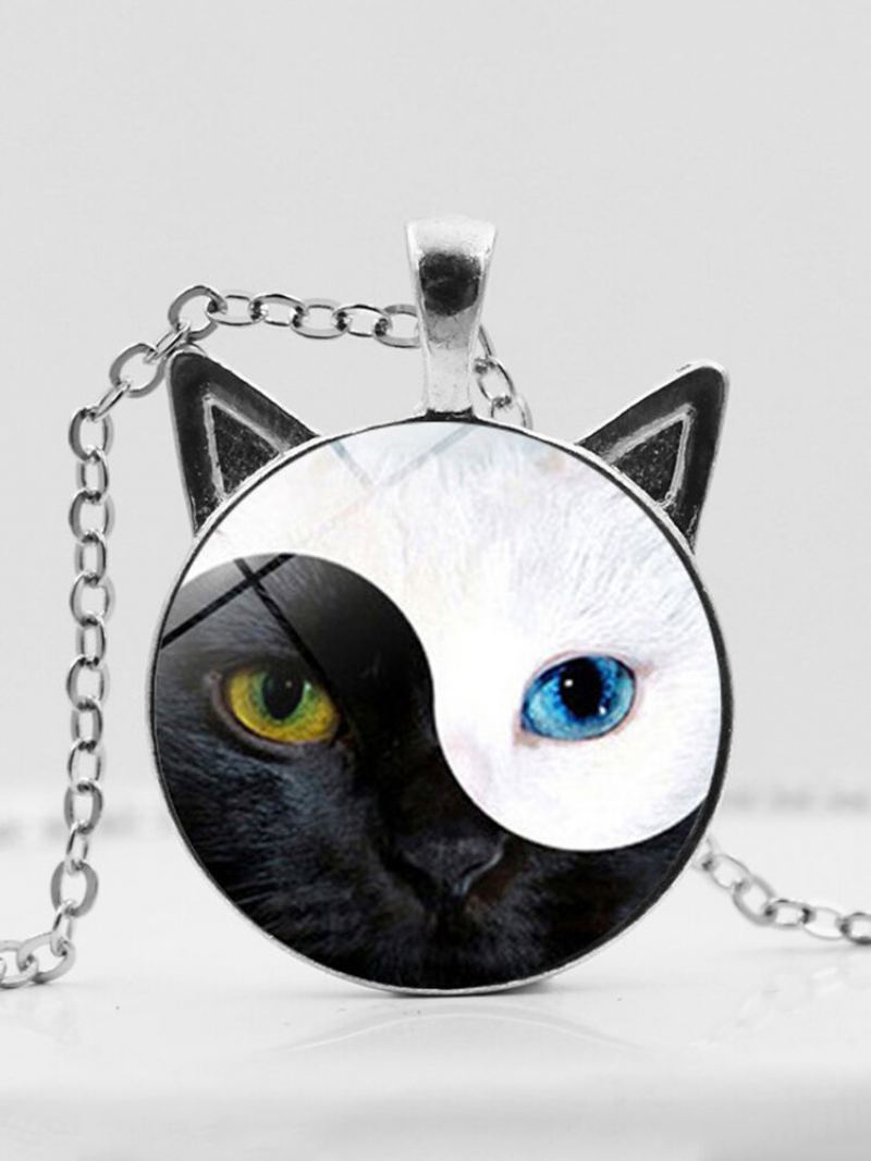 Vintage Yin Yang Cat Face Printed Women Náhrdelník S Přívěskem Cat Ear