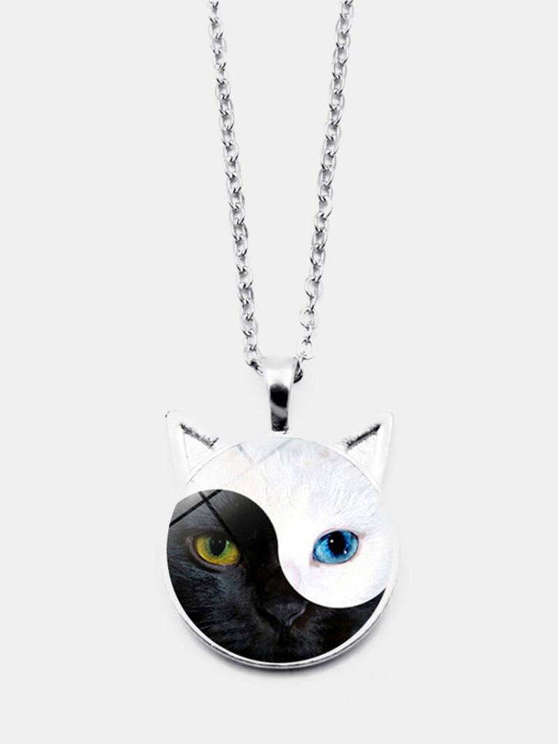 Vintage Yin Yang Cat Face Printed Women Náhrdelník S Přívěskem Cat Ear