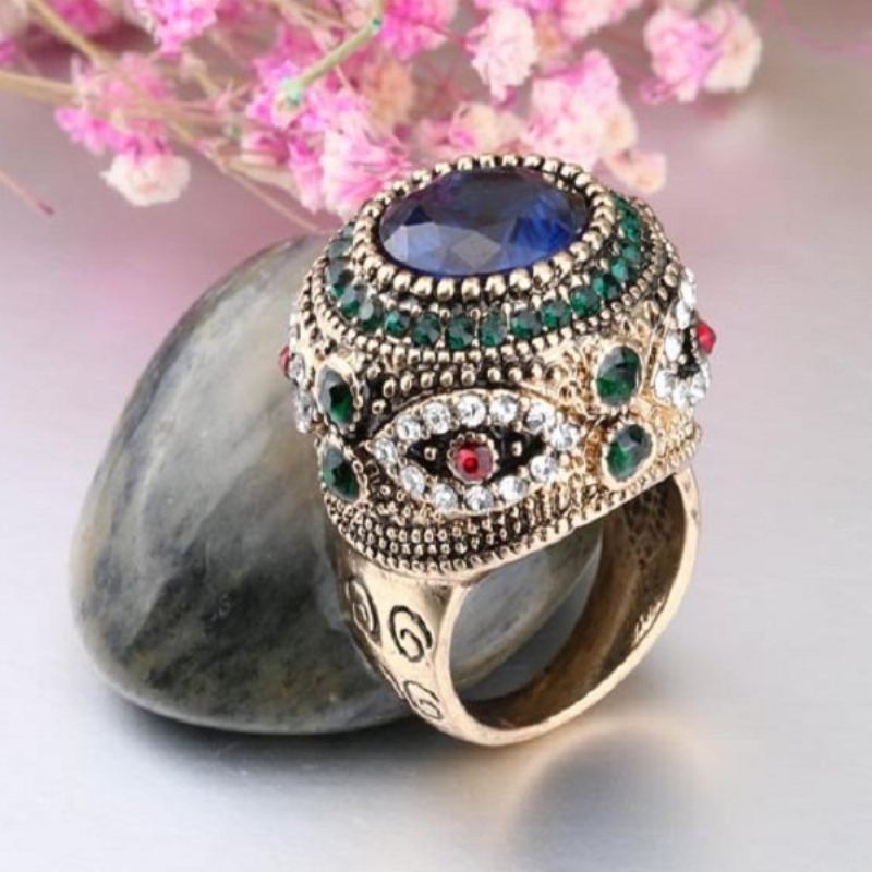 Bohemian Finger Rings Modré Drahokamy Pozlacené Kulaté Geometrické Prsteny Etnické Šperky Pro Ženy