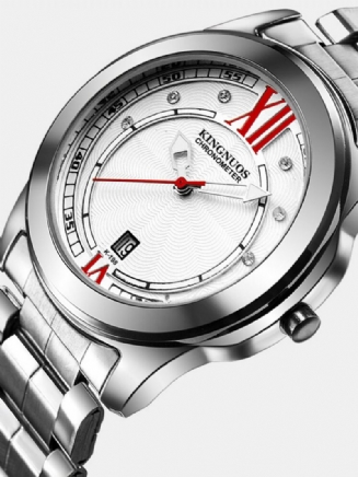 Luxusní Pánské Stříbrné Hodinky Life Waterproof Diamond Inlay Date Stainless Steel Quartz Watch