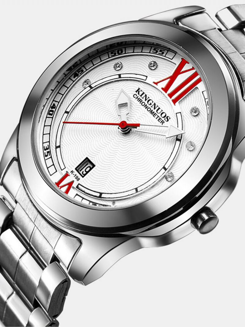 Luxusní Pánské Stříbrné Hodinky Life Waterproof Diamond Inlay Date Stainless Steel Quartz Watch