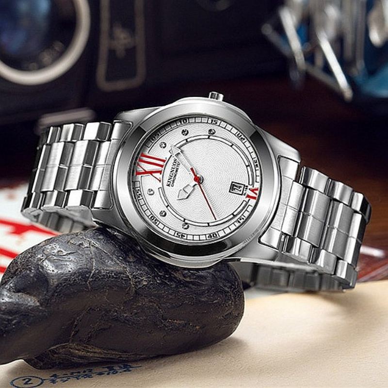 Luxusní Pánské Stříbrné Hodinky Life Waterproof Diamond Inlay Date Stainless Steel Quartz Watch