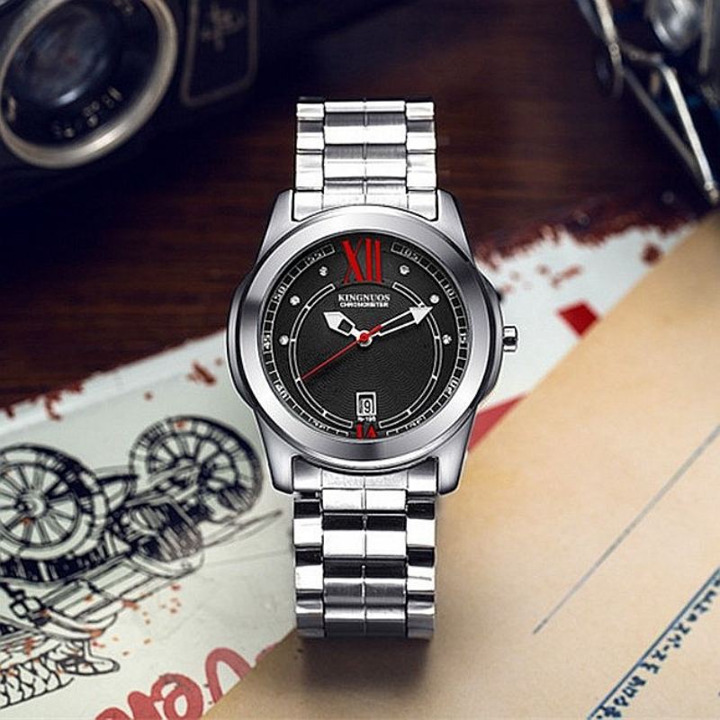 Luxusní Pánské Stříbrné Hodinky Life Waterproof Diamond Inlay Date Stainless Steel Quartz Watch