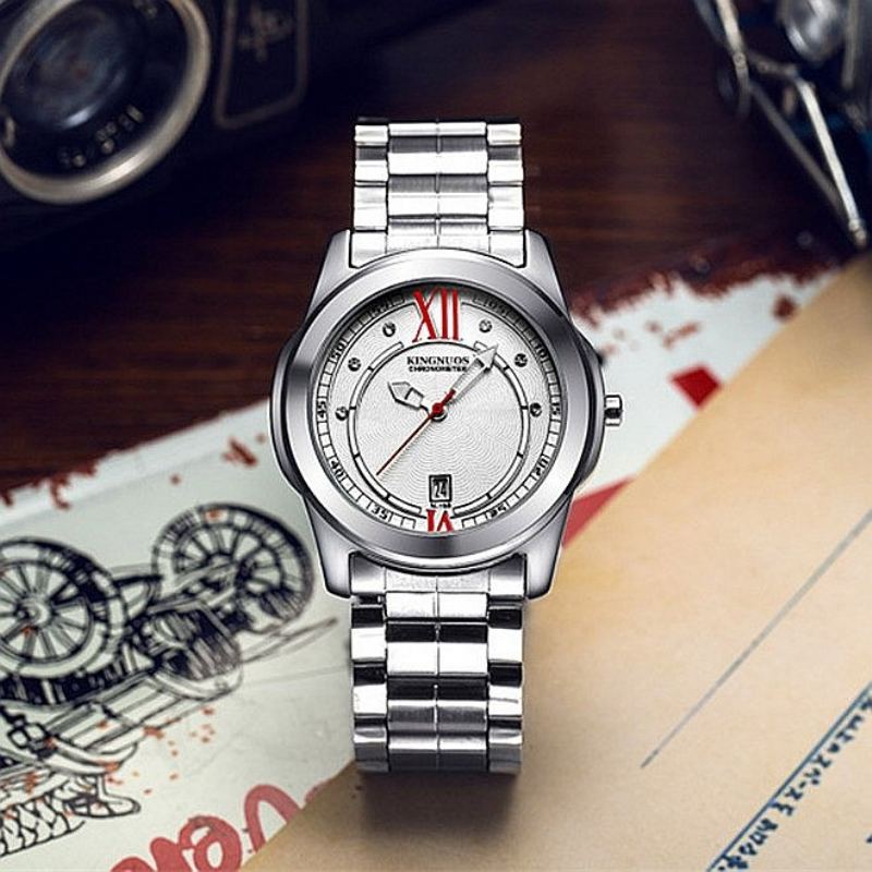 Luxusní Pánské Stříbrné Hodinky Life Waterproof Diamond Inlay Date Stainless Steel Quartz Watch