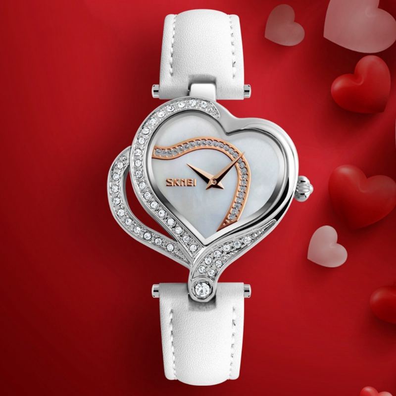 Módní Hodinky Skmei Sweet Love Heart Křišťálový Kožený Řemínek Quartz Pro Ženy