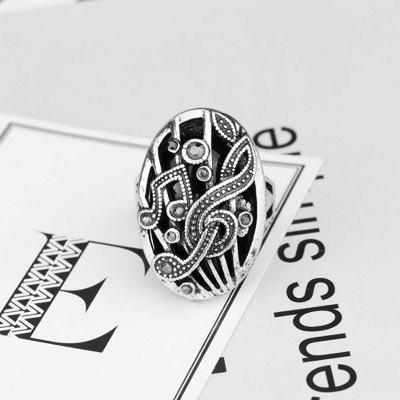 Vintage Finger Ring Hollow Carve Music Match Drahokamu Oválný Geometrický Prsten Etnické Šperky Pro Ženy