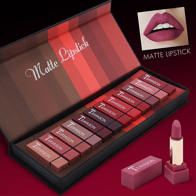 12 Barev Square Tube Matte Lipstick Set Nepřilnavý Kalíšek Dlouhotrvající Kit Makeup