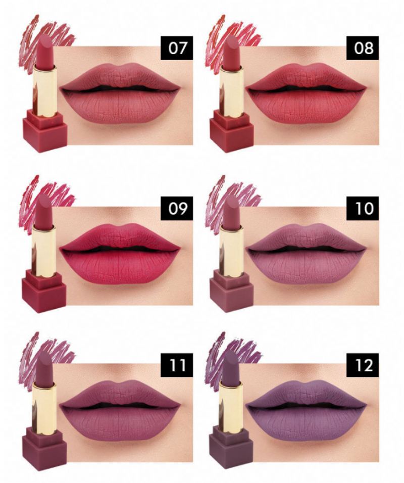 12 Barev Square Tube Matte Lipstick Set Nepřilnavý Kalíšek Dlouhotrvající Kit Makeup