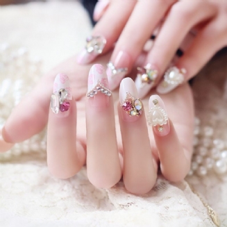 24 Kousků Růžových Diamantů Ve Tvaru Srdce Dokončené Nail Art Oblečení V Krabičce Svatební Falešné Nehty Velkoobchod Nástrojů Pro Zdobení Nehtů N066