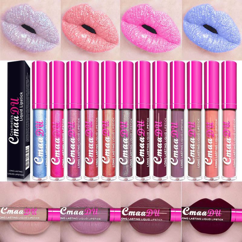 cmaadu 12 Colors Metallic Lip Gloss Gold Sparkle Nude Dlouhotrvající Voděodolná Matná Tekutá Rtěnka