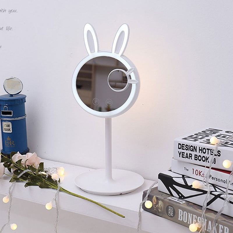 Králičí Led Make-up Mirror Roztomilé 3 Barevné Režimy Osvětlení Usb Nabíjení Rozsvícené Zrcadlo Stolní Lampa Se Zvětšením