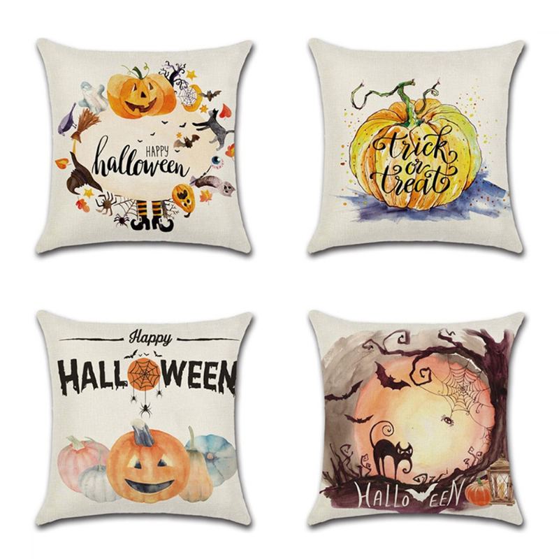 4ks Happy Halloween Throw Povlak Na Polštář Podzimní Dýně Pouzdro Na Polštářek Na Rozkládací Pohovku 18x18 Palců Bavlněné Povlečení