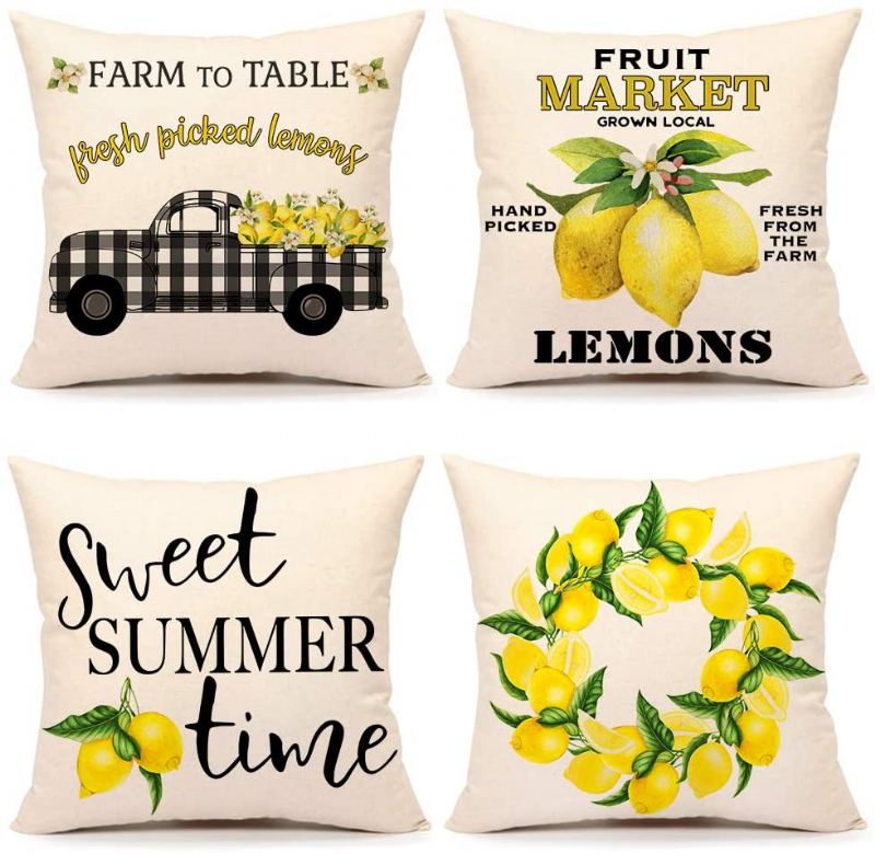 4ks Summer Lemon Farmhouse Quote Throw Povlak Na Polštář Buffalo Truck Pouzdro Na Na Rozkládací Pohovku 18x18 Palců Bavlněné Povlečení