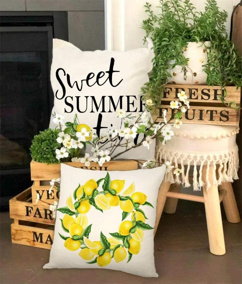 4ks Summer Lemon Farmhouse Quote Throw Povlak Na Polštář Buffalo Truck Pouzdro Na Na Rozkládací Pohovku 18x18 Palců Bavlněné Povlečení