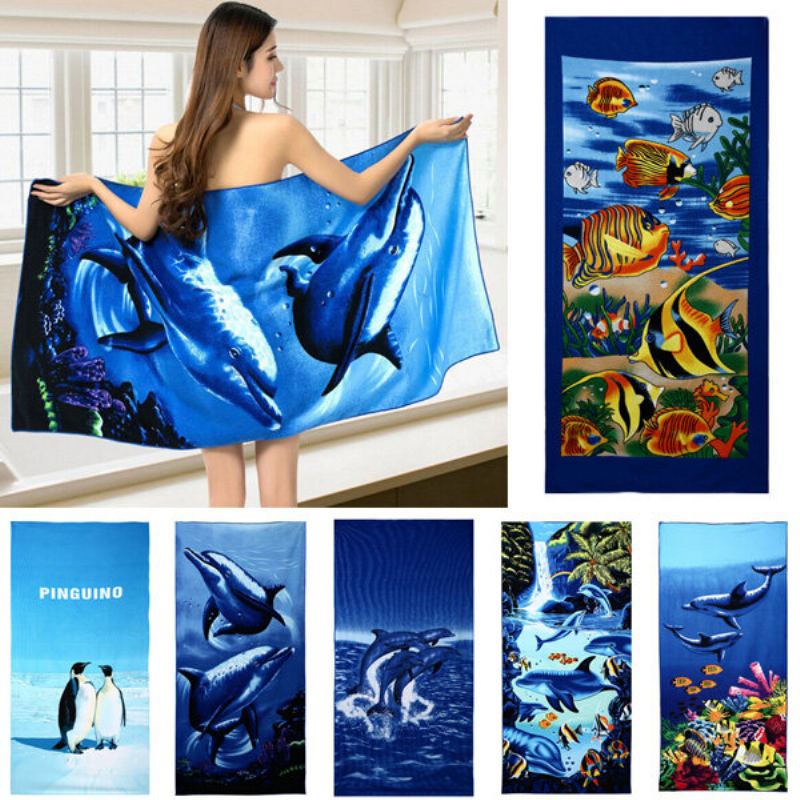 70x150 cm Blue Dolphin Penguin Print Absorpční Plážové Ručníky Z Mikrovlákna Rychloschnoucí Osuška