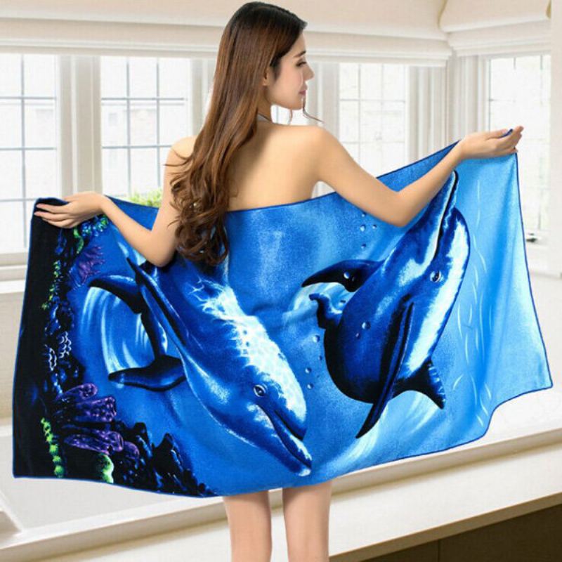 70x150 cm Blue Dolphin Penguin Print Absorpční Plážové Ručníky Z Mikrovlákna Rychloschnoucí Osuška