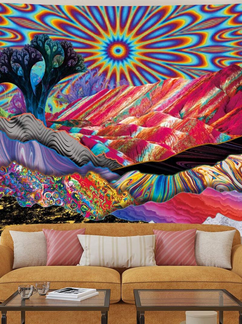 Psychedelic Mountain Sun Tapestry Abstraktní Stromy Tapiserie Barevná Příroda Krajina Čechy