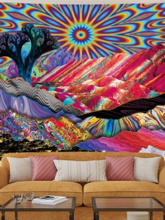 Psychedelic Mountain Sun Tapestry Abstraktní Stromy Tapiserie Barevná Příroda Krajina Čechy