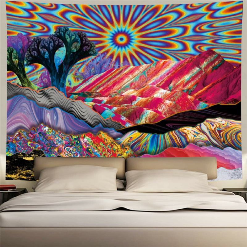 Psychedelic Mountain Sun Tapestry Abstraktní Stromy Tapiserie Barevná Příroda Krajina Čechy