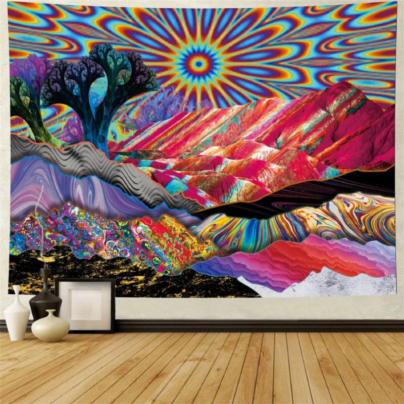 Psychedelic Mountain Sun Tapestry Abstraktní Stromy Tapiserie Barevná Příroda Krajina Čechy