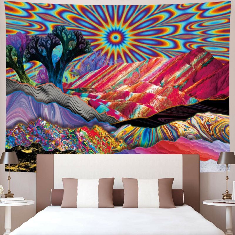 Psychedelic Mountain Sun Tapestry Abstraktní Stromy Tapiserie Barevná Příroda Krajina Čechy