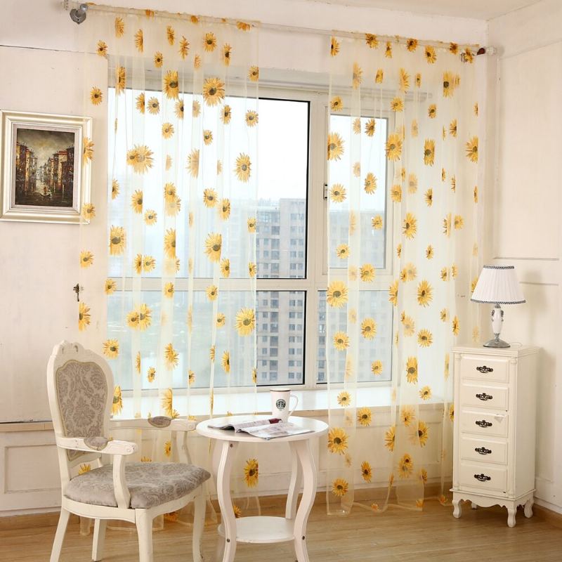 Sun Flower Voile Curtain Transparentní Panel Okenní Přepážka Průhledná Záclona Home Decor