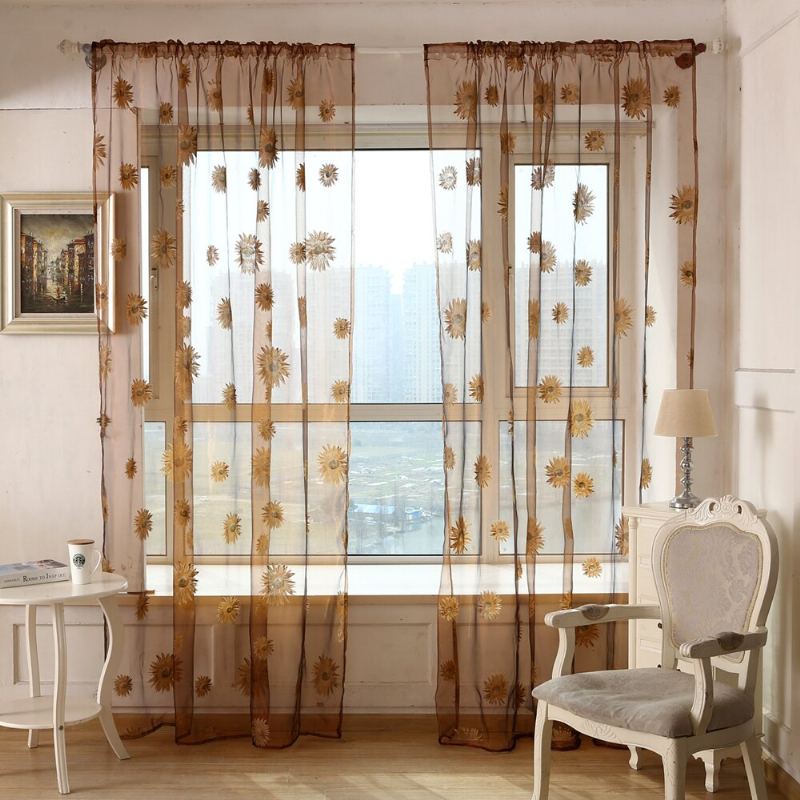 Sun Flower Voile Curtain Transparentní Panel Okenní Přepážka Průhledná Záclona Home Decor