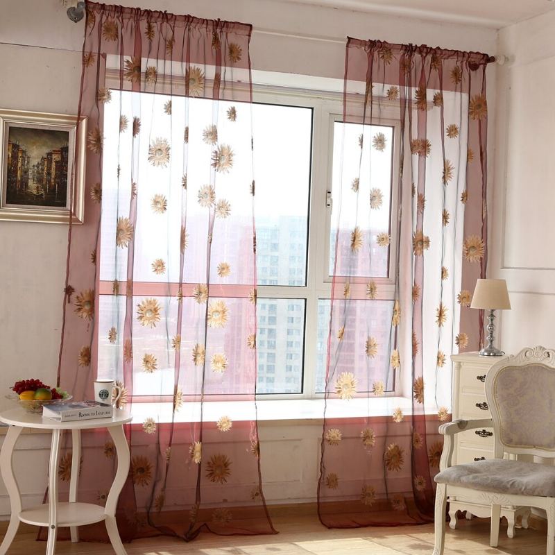 Sun Flower Voile Curtain Transparentní Panel Okenní Přepážka Průhledná Záclona Home Decor