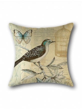 Vintage Birds Květinový Potisk Lněný Potah Na Polštář Domácí Pohovka Art Decor Na Zadního Sedadla