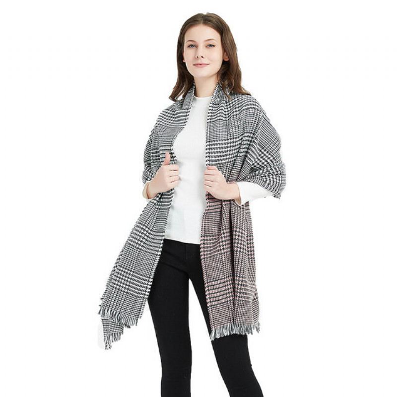 Nová Dámská Šála Cashmere Gradient Houndstooth S Akrylovým Střapcem S Límcem